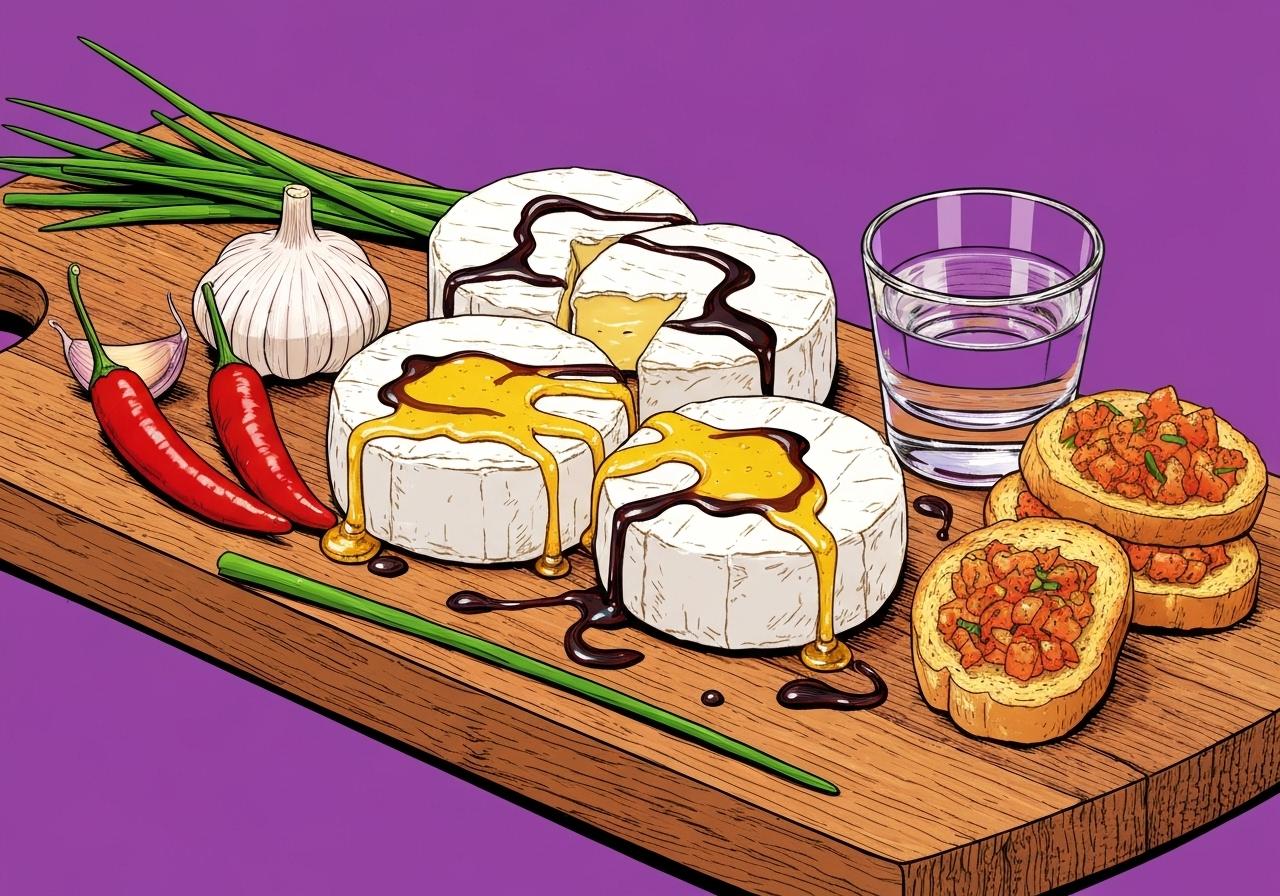 Soft cheeses with chilli, garlic and crackers