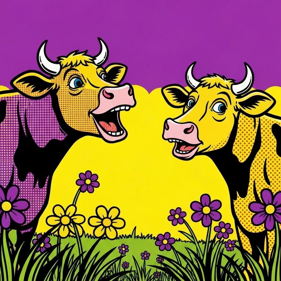 Illustrated Harvey Cheese cows in a field of flowers
