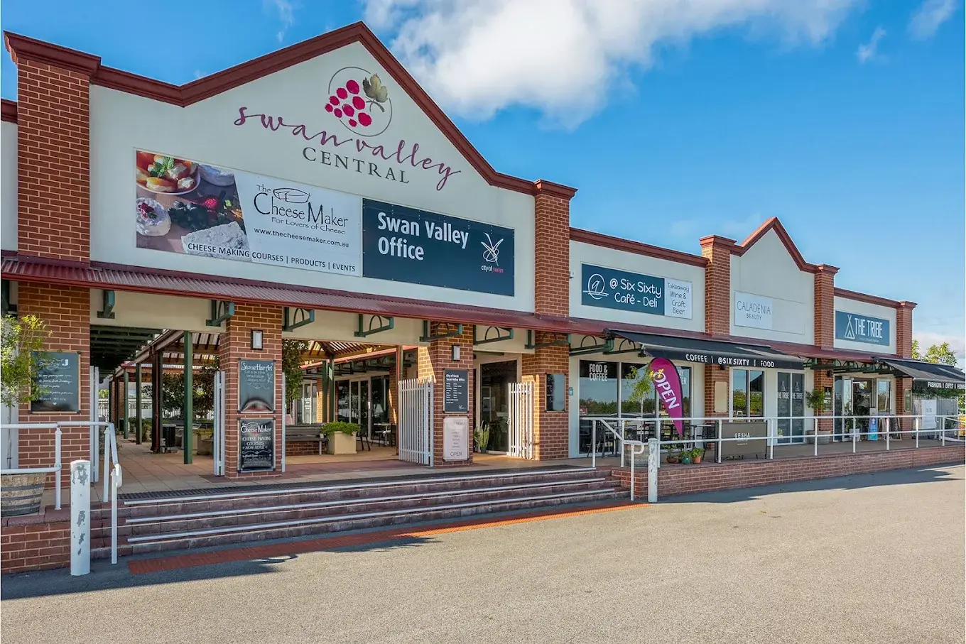 The Swan Valley Central building on Great Northern Highway, with its gabled sign, verandah and shopfronts